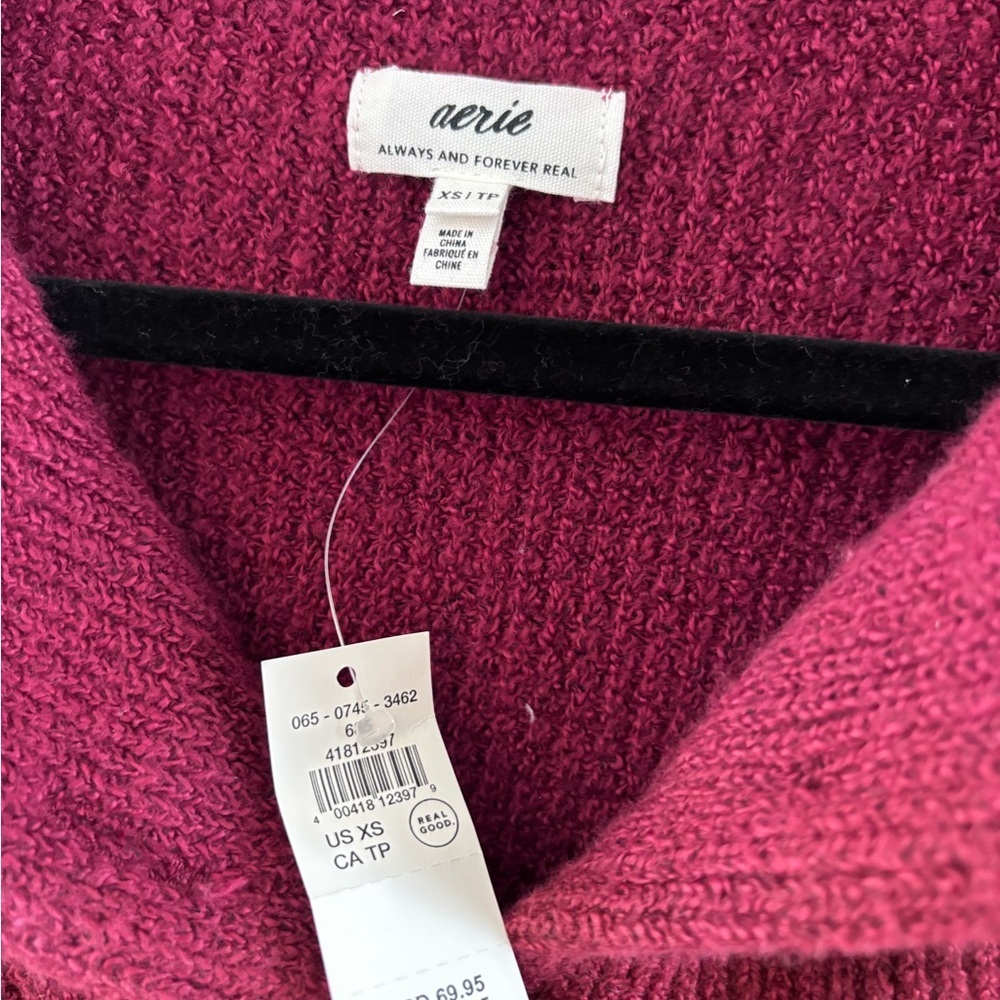 NWT Aerie Fuchsia Knit Oversized Pullover Sweater with Buttoned Collar, XS - Picture 3 of 3